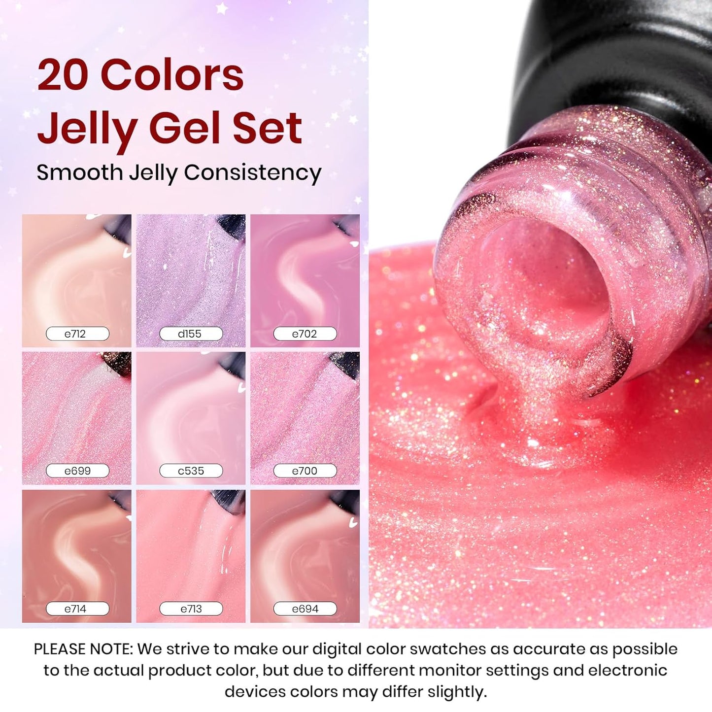 Beetles Jelly Gel Nail Polish Set, 25PCS 20 Colors Sheer Neutral Nude Pink Glitter Milky White Gel Nail Kit Soak Off UV with Base Glossy Matte Top Coat Pearls Rhinestones Nail Charms Gift for Women