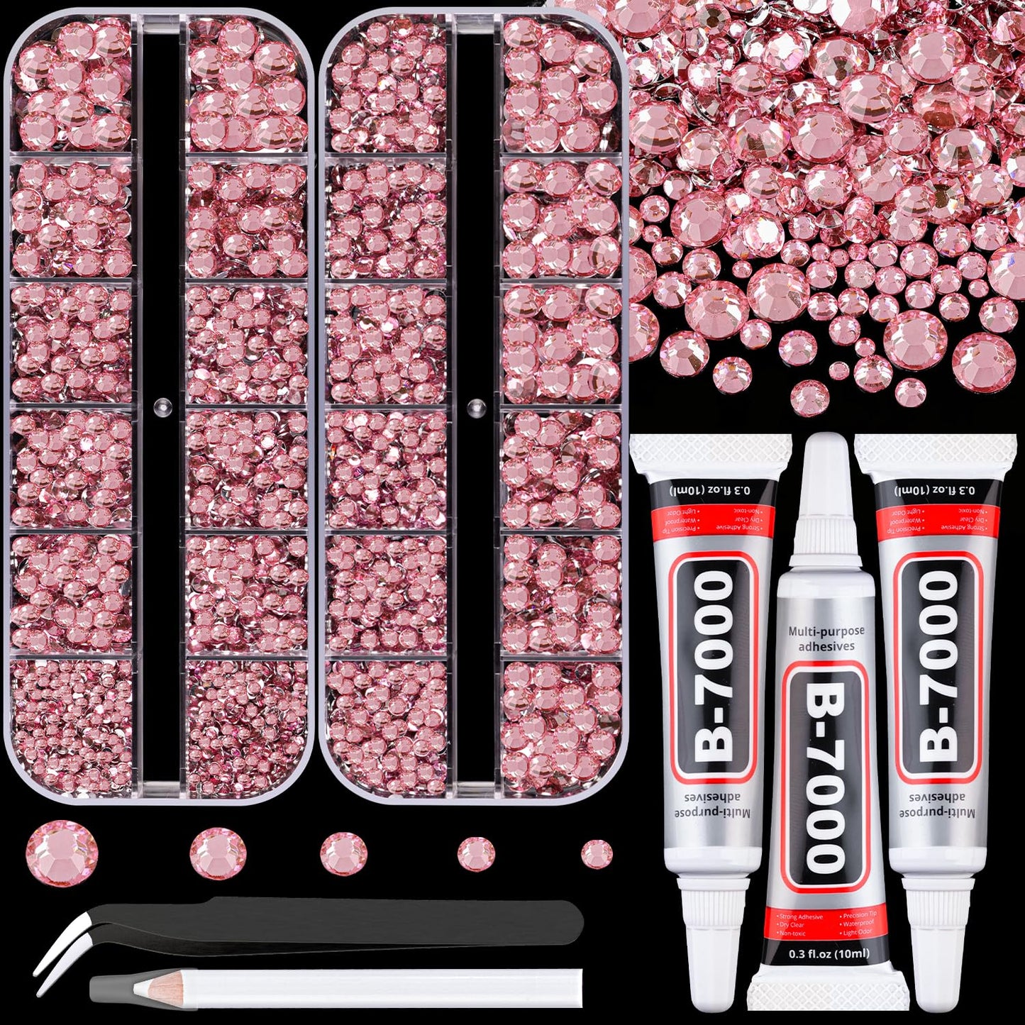 Resin Rhinestones for Crafting with B7000 Jewelry Glue, 2 Boxes Dark Pink Flatback Crystals with 3Pcs 10ml Glue for Bedazzling Crafts DIY Nail Art Makeup，Non Hotfix Gems for Clothing Shoes