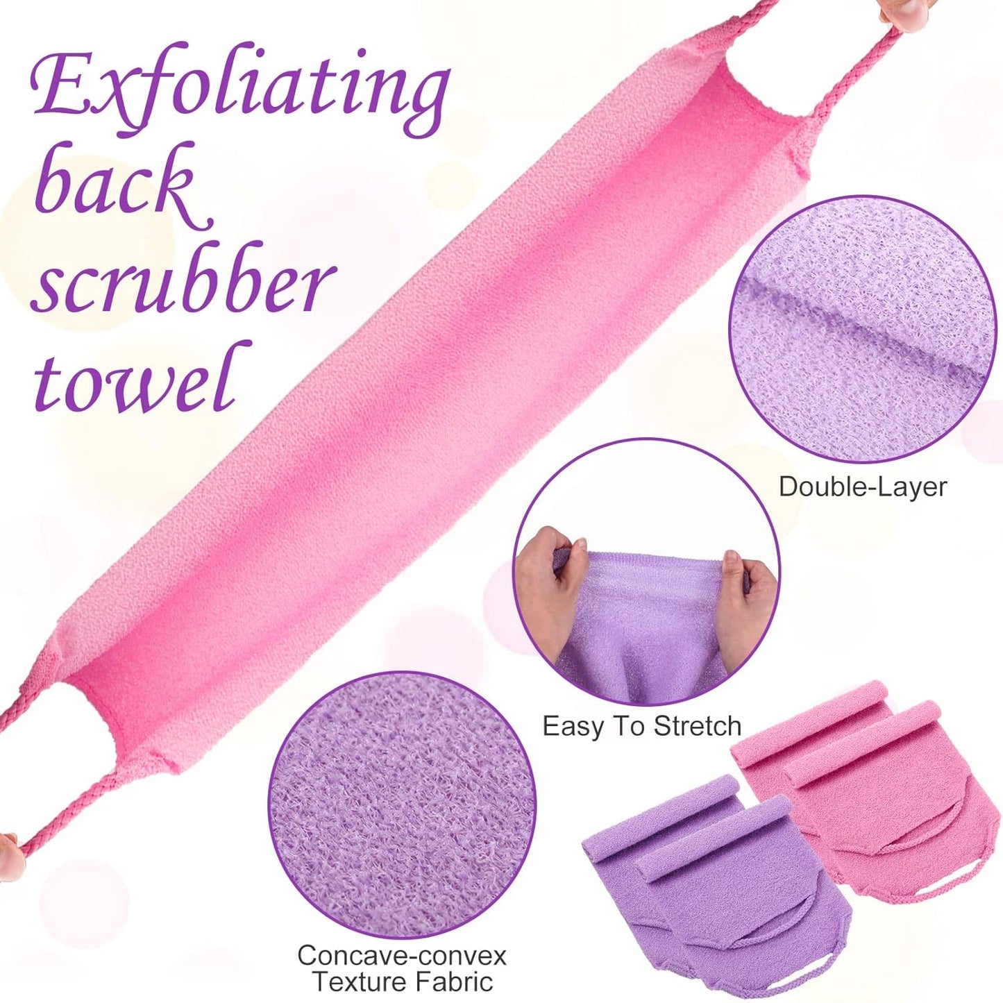 Moukeren Exfoliating Back Scrubber with Handles 4 Pack Nylon Back Exfoliator Extended Length Washers Scrubbers Stretchable Pull Strap Exfoliating Washcloth(Pink, Purple)