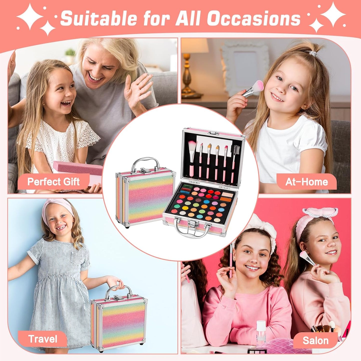 Anpro All-In-One Makeup Carry Case with Pro Teen Makeup Set, Full Starter Cosmetics Kit with Makeup Brushes, Eye Shadows Palette, Blushes, Glitter Gel, Temporary Tattoo Stickers - Colorful