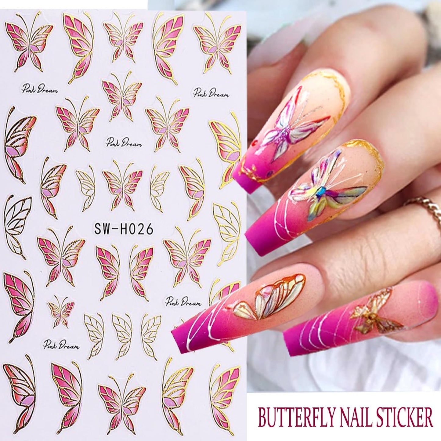 6Sheets Flower Nail Art Stickers 3D Self-Adhesive Nail Sticker Butterfly Nails Art Decals Holographic Floral Butterfly Nails Decal Decoration for Women Blue Blossom Manicure DIY Nail Supplies