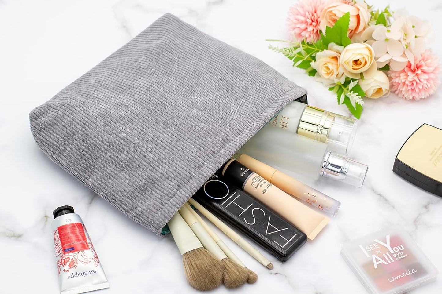 PAZIMIIK Makeup Bag Large Zipper Corduroy Make Up Pouch for Purse Travel Canvas Cosmetic Organizer for Women Brush Storage,Grey