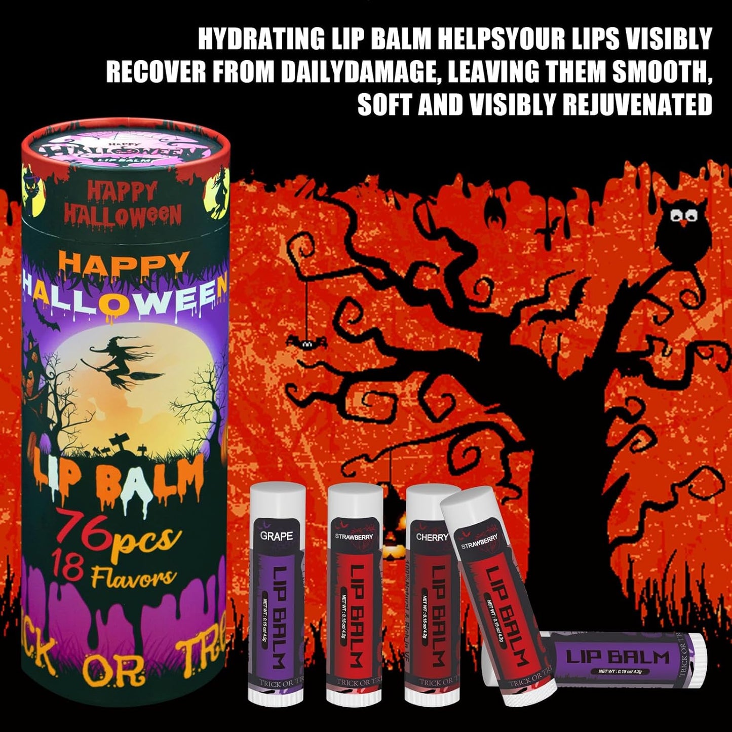 Yopela 76 Pack Halloween Natural Lip Balm Bulk with Vitamin E and Coconut Oil Lip Care Set - Moisturizing, Soothing, and Repairing Dry and Chapped Lips