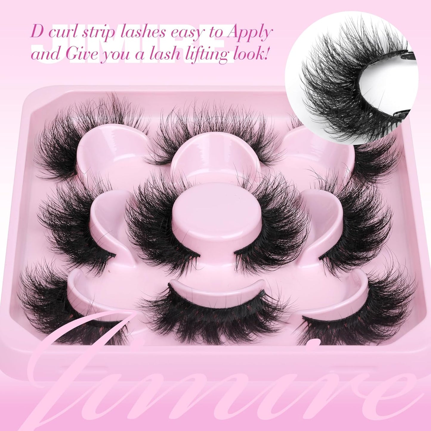JIMIRE False Eyelashes Volume Natural Look Russian Strip D Curl Lashes Wispy 17MM Cat Eye Lashes Look Like Lash Extensions Mink Fluffy 5 Pairs Pack