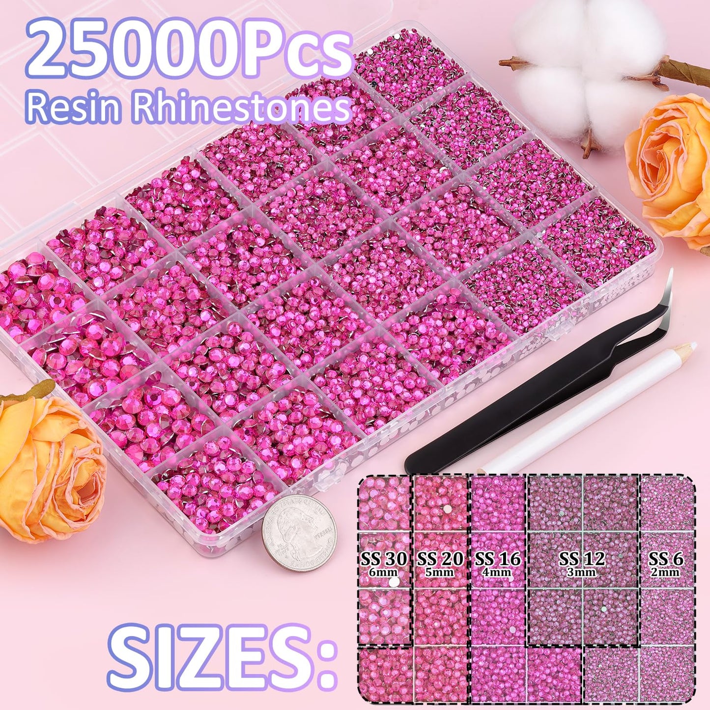 25000Pcs Resin Rhinestones with Tweezers for Crafting, Hot Pink 2-6mm Mixed Sizes Non Hotfix Flatback Gems, Bedazzling Crystal for DIY Craft Clothing Mugs Tumblers Shoes Fabric Decor Nail Art