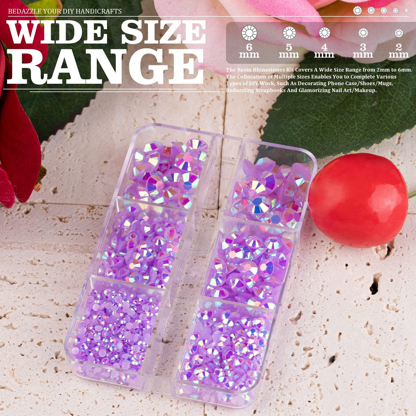 Resin Rhinestones Crafting, 2/3/4/5/6mm Flatback Jelly Rhinestones, 1 Box Lavender Purple AB Non Hotfix Crystal Gems for Bedazzling Crafts Mugs Tumblers Clothes Makeup Nail