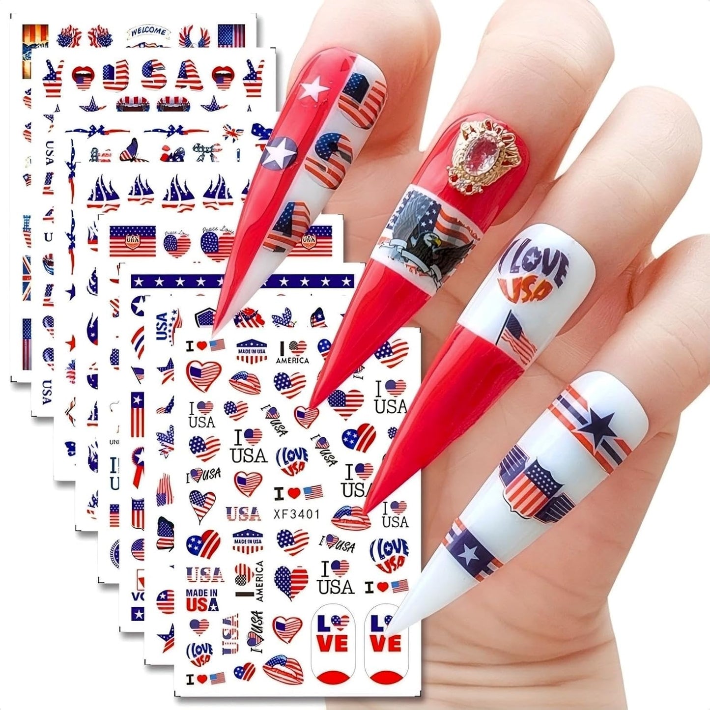 4th of July Nails Stickers for Nail Art - 8 Sheets 3D Self Adhesive Independence Day Nail Art Stickers American Flag Stars Letters USA Nail Decals Fourth of July Design Sticker for Women