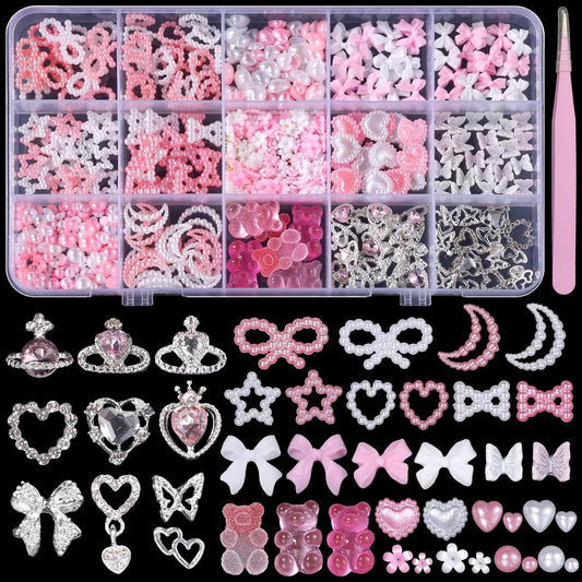 Silver Nail Gems Charms, 3D Pink Color Nail Art Charms, Acrylic Blossom Tiny Flowers Flatback Multi Styles Pearls Nail Charms Planet Heart Butterfly Nail Diamond Charms for Nails Manicure DIY Crafts