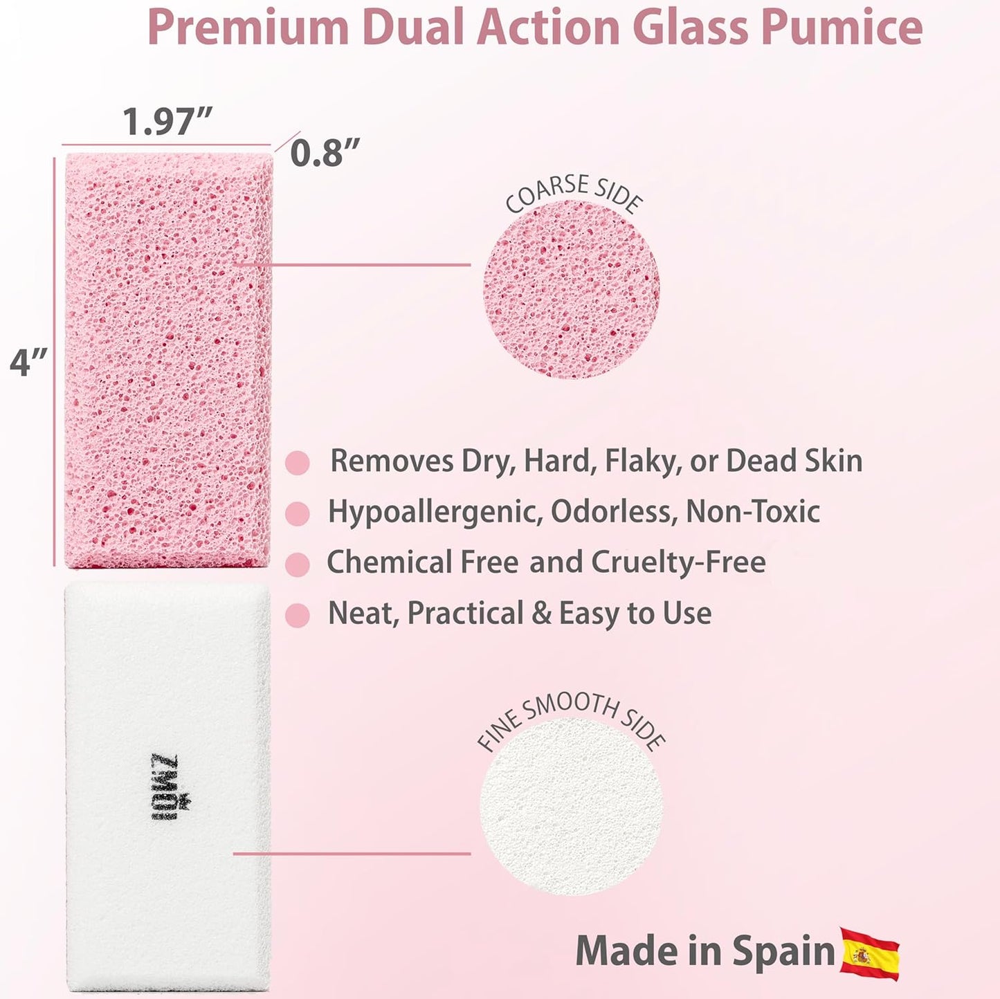 Glass Pumice Stone Callus Remover for Feet, Elbows, Hands, and Knees, Spain Made - 2 in 1 Pedicure Exfoliator and Scrubber for Rough, Hard Skin (Pink Color)