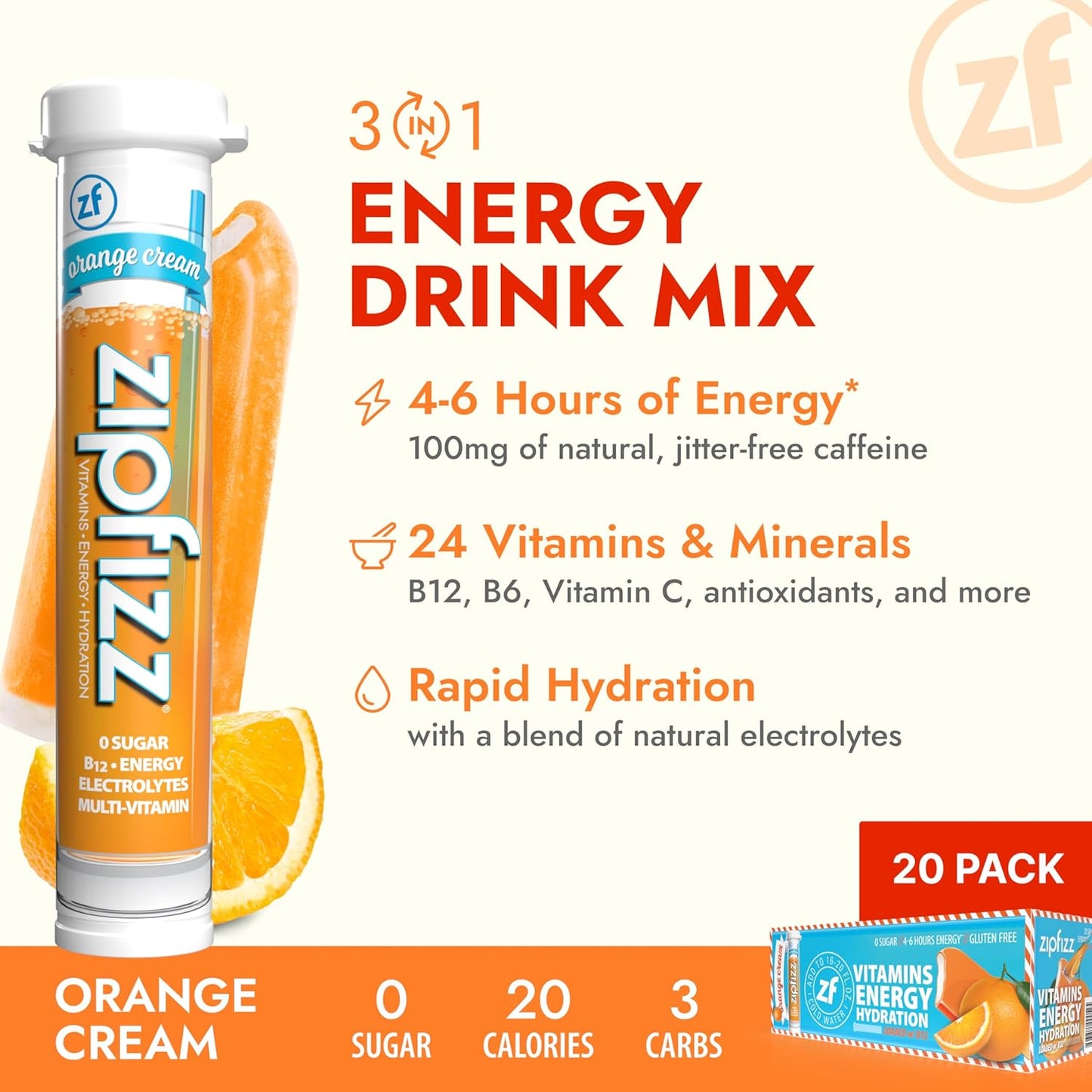 Zipfizz Daily Energy Drink Powder, Orange Cream, 20 Pack | 3-in-1 Sustained Energy, Rapid Hydration, and Essential Vitamins | Sugar-Free | Electrolyte Powder | Contains Vitamin B-12 & Antioxidants