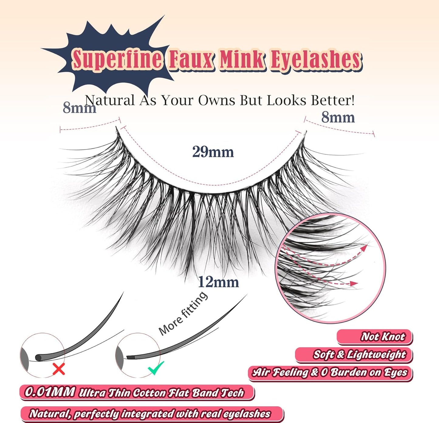 Natural Lashes Eyelashes Wispy 12mm False Lashes Soft Strip Lashes 3D Volume Eyelashes Thin Cotton Band Natural Eye Lashes C Curl Eyelash Siligli Lash Pack 7 Pair
