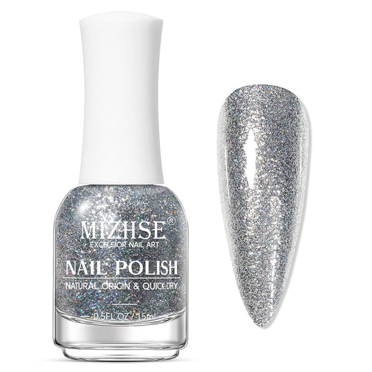 MIZHSE Quick Dry Glitter Silver Nail Polish, Classic Nail Polish Air Dry Fast, 15ml High Glossy Sparkly Shiny Shimmery Nail Art Salon Manicure Home