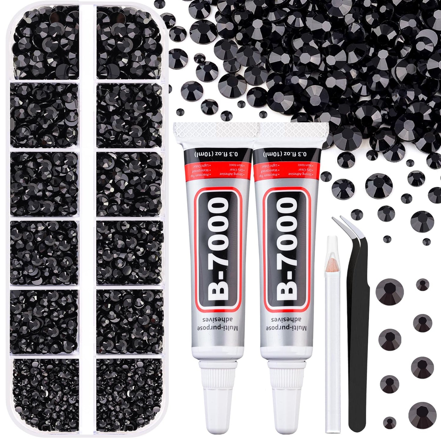 6100Pcs Resin Rhinestones for Crafting with 2Pcs 10ml B7000 Jewelry Glue, 1 Box Flatback Crystals Diamond (Black) for Bedazzling Crafts DIY Nail Art Non Hotfix Gems for Clothing Shoes Tumblers