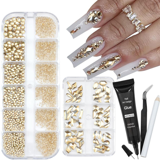 Nail Art Rhinestones with Glue Gel Flatback Nail Charms Luxurious Supplies Accessories Champagne Nails Gems Jewelry for Women Nails DIY Design Decoration,Champagne