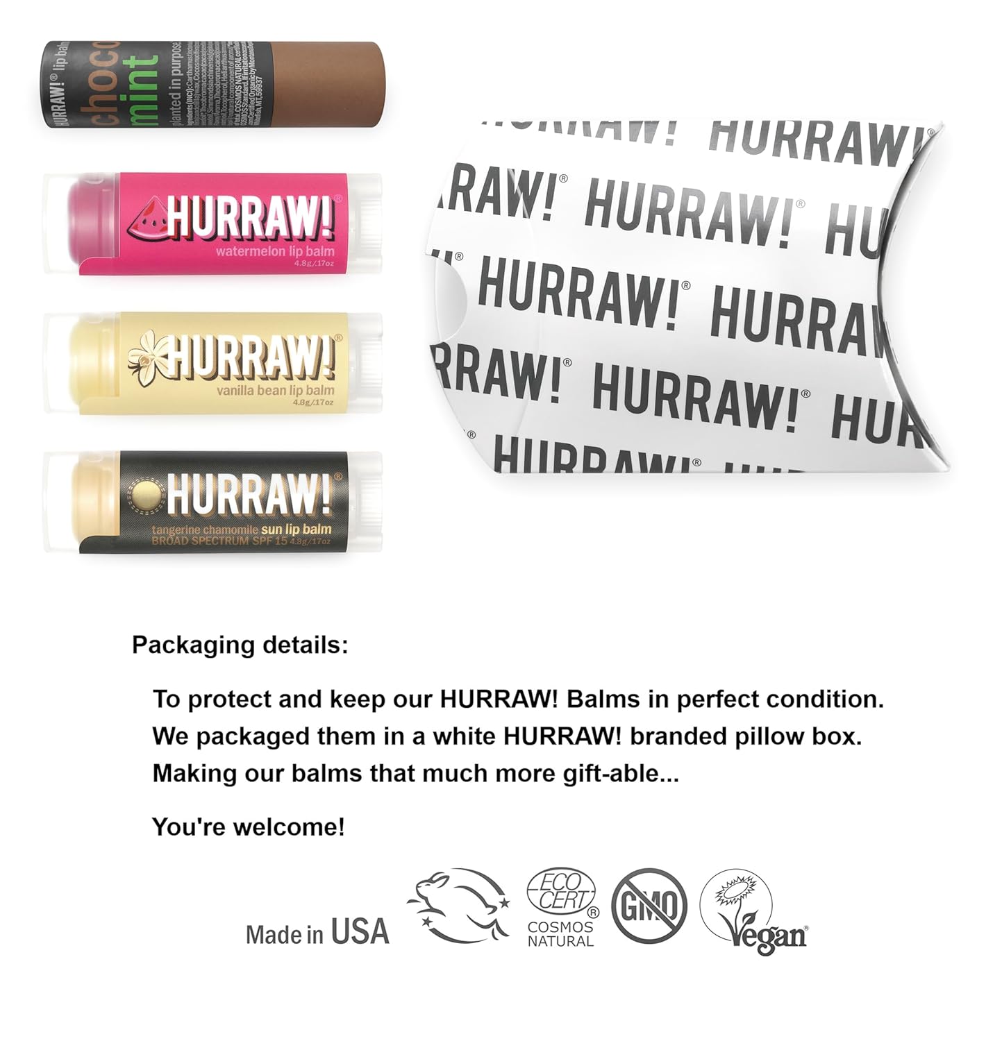 Hurraw! Lip Balms: Staff Favorites, 4 Balm Bundle Pack – Chocolate Mint, Watermelon, Vanilla Bean and Sun (SPF 15): Organic, Certified Vegan. 100% Natural Ingredients. Bee, Shea, Soy and Palm Free.
