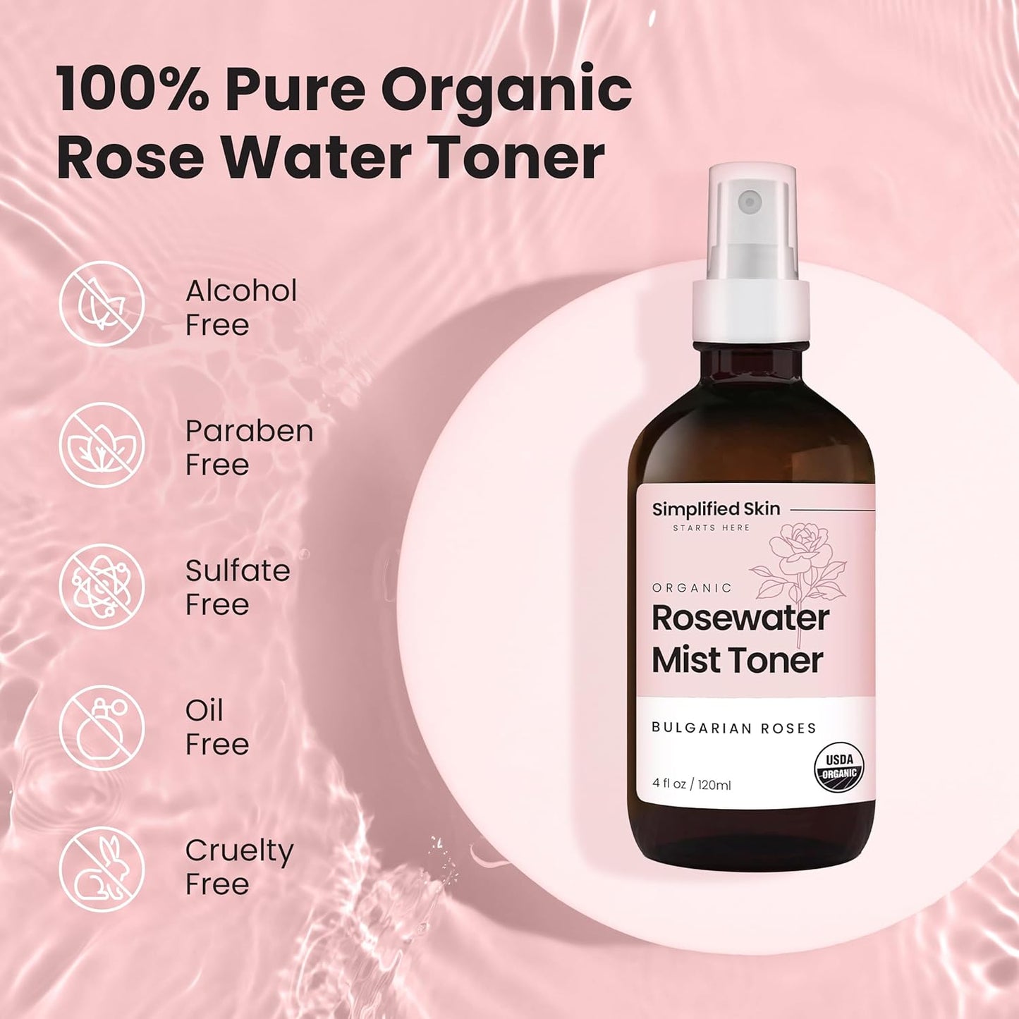 Rose Water Spray for Face & Hair - Organic USDA Certified Rosewater Facial Toner - Alcohol-Free Makeup Setting Hydrating Face Mist - Anti-Aging Toner Spray - 2 Pack