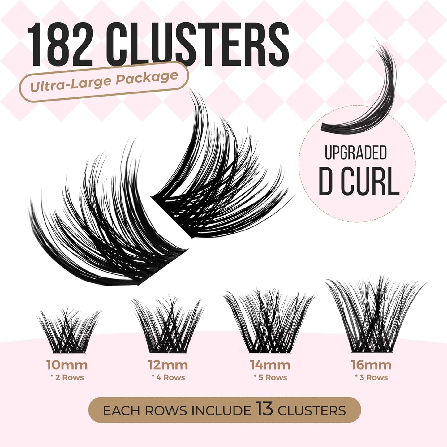 PopUp Lash-Extension-Clusters 182pcs D Curl Lash Clusters Natural Look Cluster Lashes Extensions Super Thin Band & Soft Lashes Reusable 9-16mm MIX (C163)