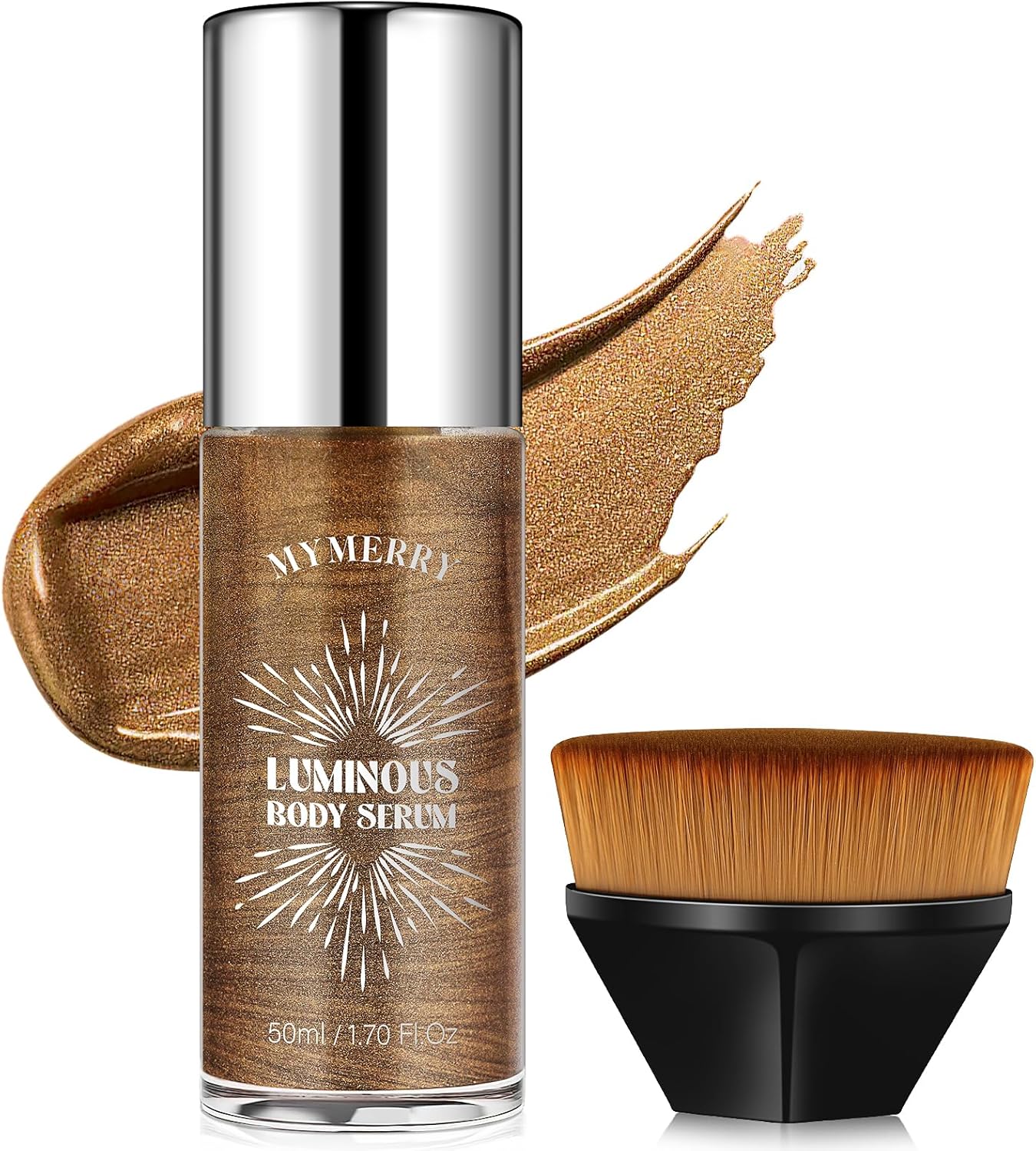 Body Shimmer Oil, 50ml Suncreen Liquid Highlighter Bronzer Body Glitter Oil Long Lasting Moisturizing Makeup Lotion Illuminate Serum Glow Shimmer Skin 1.7 Fl Oz（Bronze Brown #01）