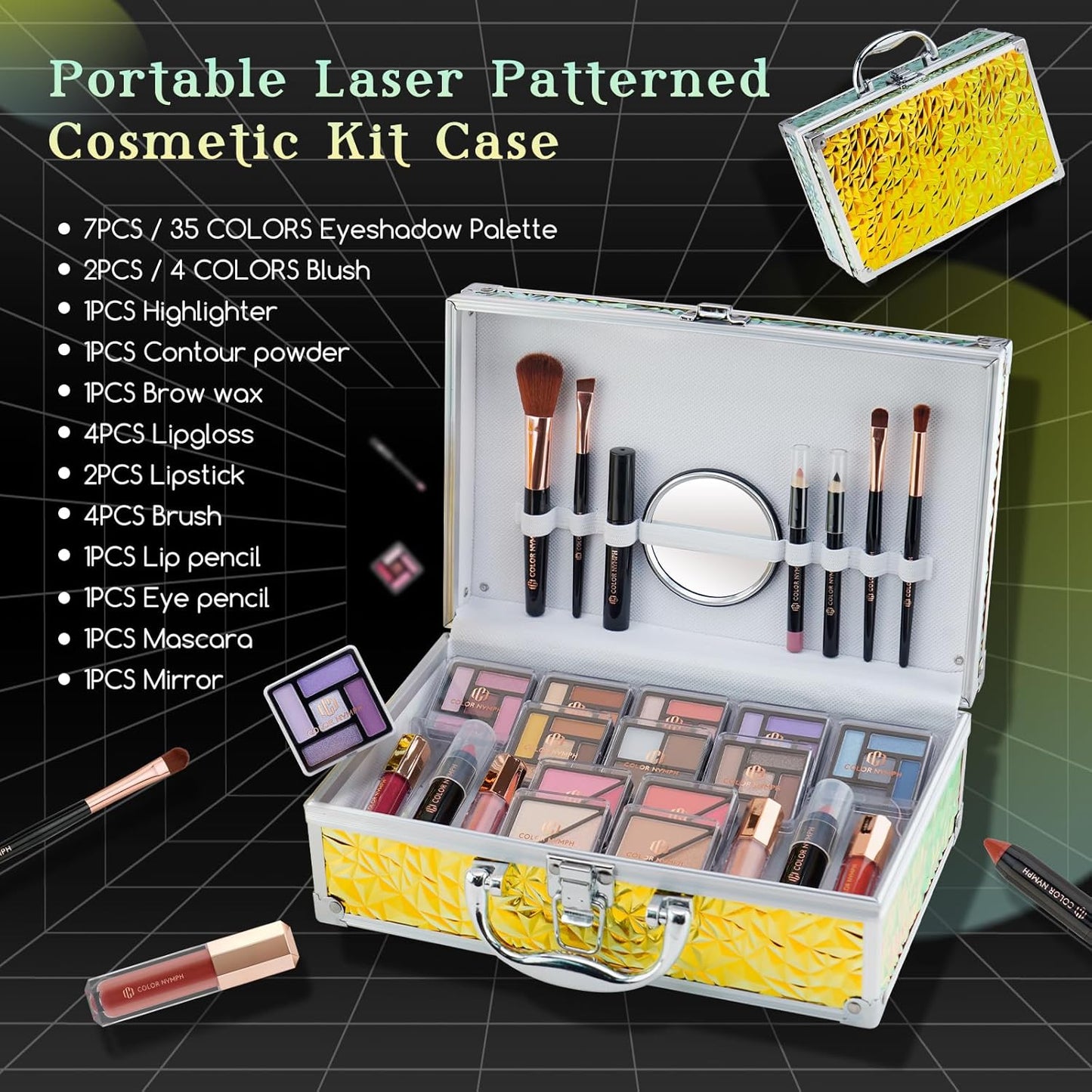Color Nymph Beginner Makeup Kit for Teens, Train Case Girls Makeup Set with Eye Shadow, Lipstick, Blush, Brushes, Lipgloss, Mascara, Brow Wax and Mirror Green Full Starter Cosmetics Set