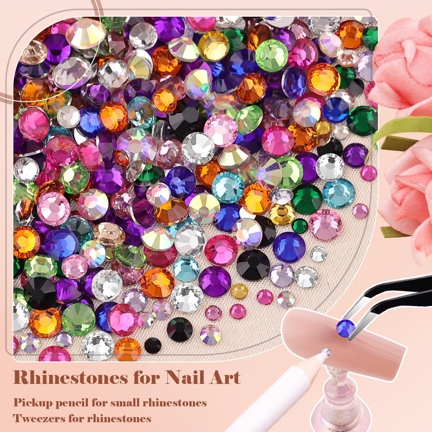 Nail Art Rhinestone Glue Gel&2 Boxes Flatback Gems Kit, 1 Tube of 15ml Rhinestone Gel Glue+Colorful Gems+Flat Back Round Glass Crystal AB&Clear Gemstones with Pickup Tools