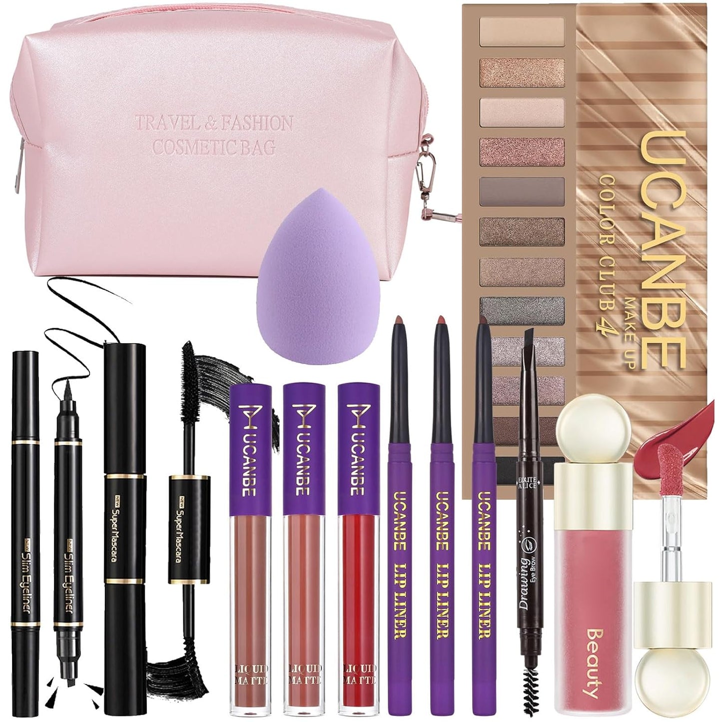 UCANE All In One Makeup Sets For Women, Naked Eyeshadow, Lipsticks, Lipgloss, Mascara, Eyeliner, Eyebrow Pencil, Liquid Blush, Cosmetic Bag, Beauty Gift Kit For Teens