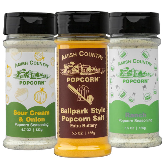 Amish Country Popcorn | Seasoning Variety Pack | Ballpark Style ButterSalt - 5.5 oz, Ranch - 5.5 oz & Sour Cream and Onion - 4.7 oz Popcorn Seasoning | Old Fashioned, Non-GMO and Gluten Free