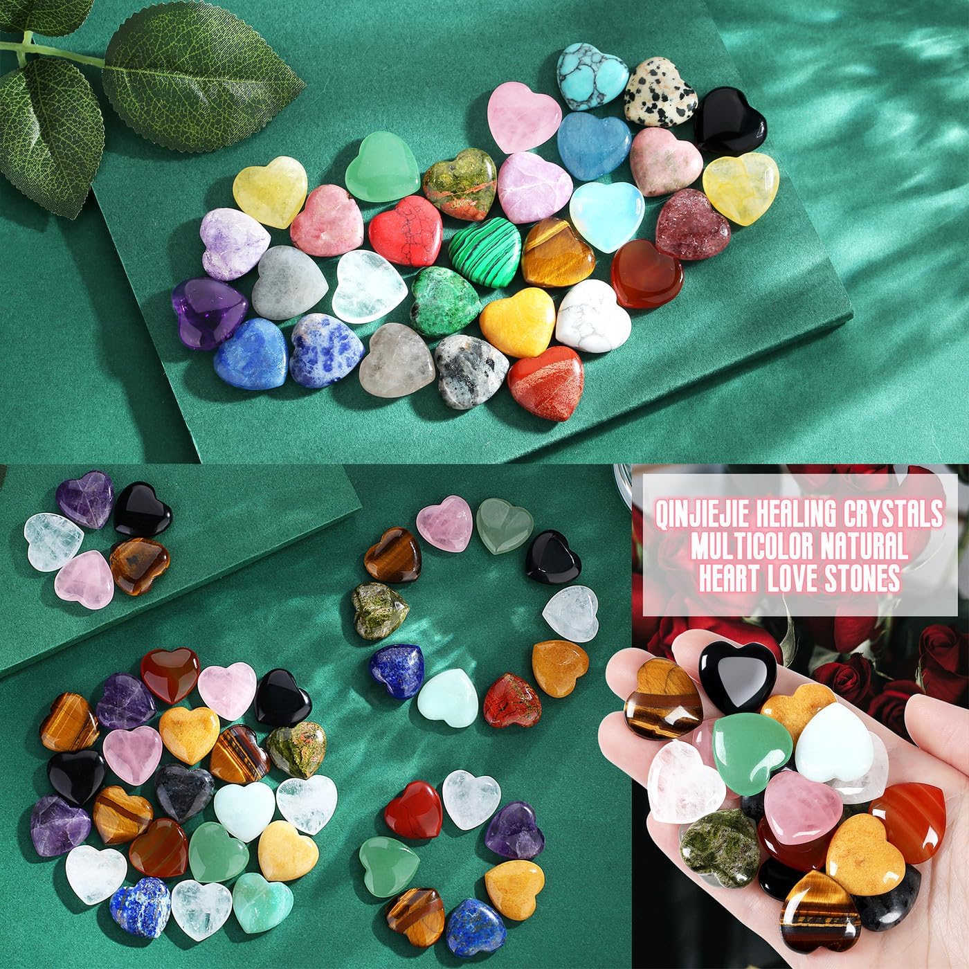 QINJIEJIE 10PCS Crystals Heart Healing Stones Rose Quartz Amethyst Polished Love Stone Palm Natural Gemstones Set Wholesale Reiki Balancing Meditation 0.8" Crystal Gifts for Women