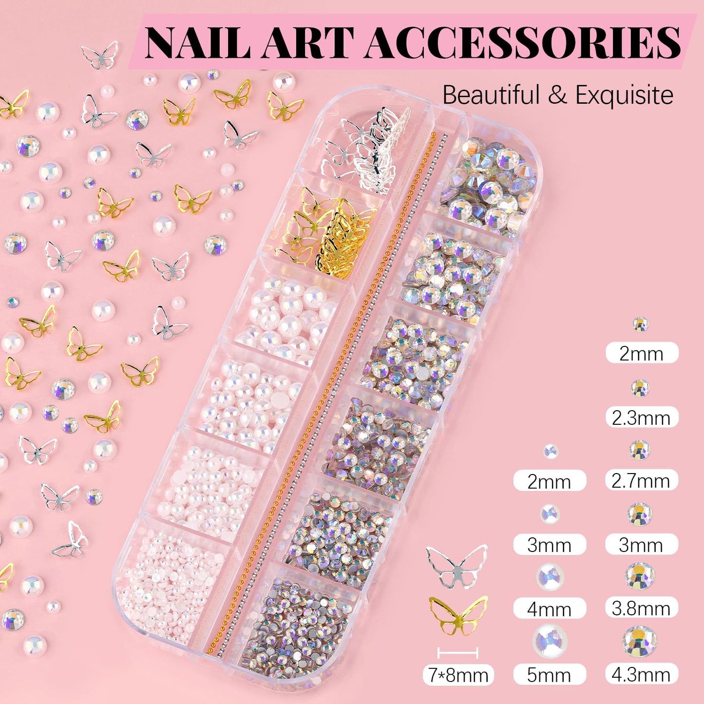 3D Nail Charms, Manicure Kit with Nail Rhinestone Glue Gel (UV Curing), Butterfly Colorful Flower Starry AB Gems Caviar Beads Half Round Pearl & Flatback Glass AB + Clear Gems with Dotting Tools