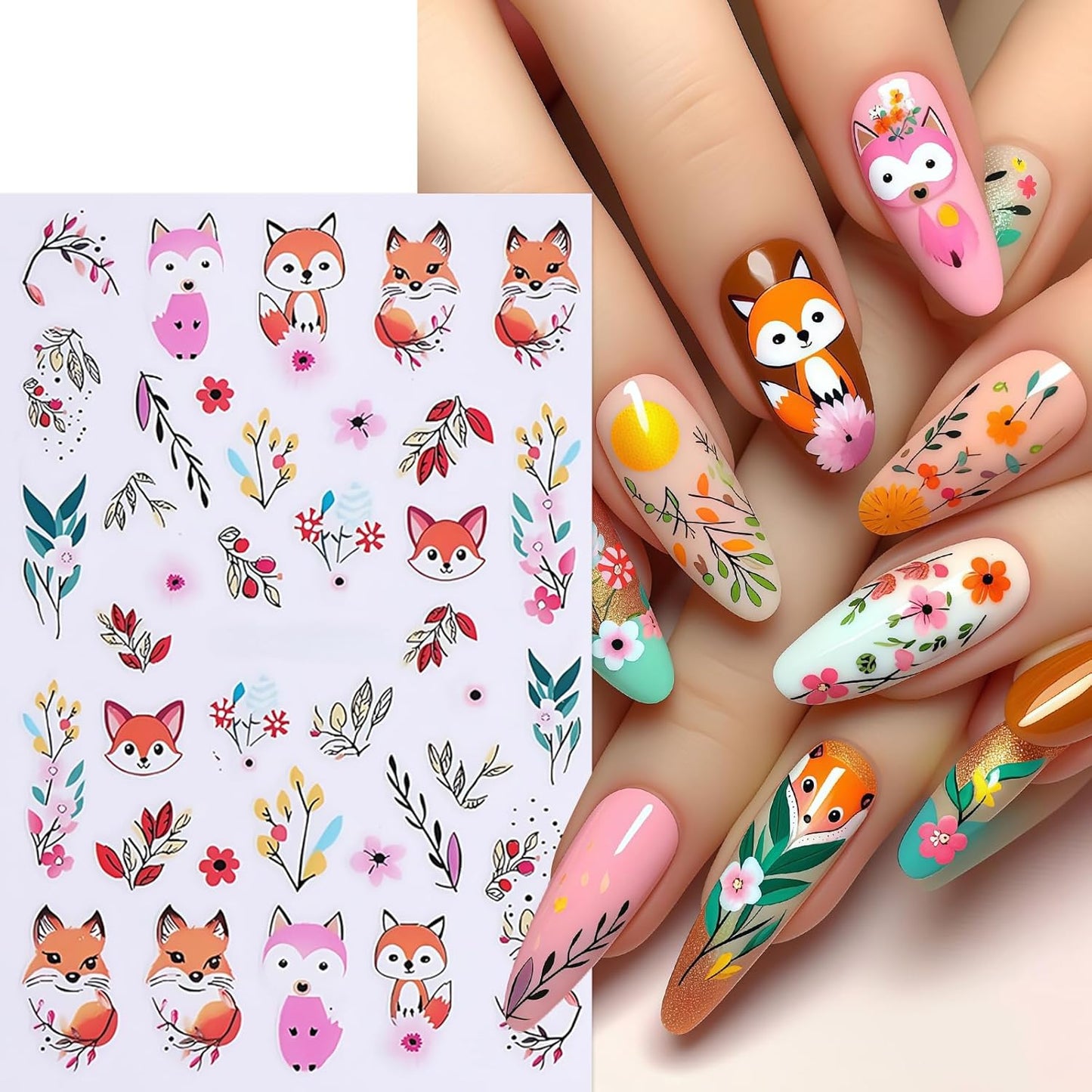 6Sheets Fall Leaf Nail Stickers Thanksgiving Day Fox Nail Stickers for Nail Art Cute Fox Flower Nail Decals 3D Self-Adhesive Cute Autumn Foxes Nails Supplies Nails Decoration for Women DIY Manicure