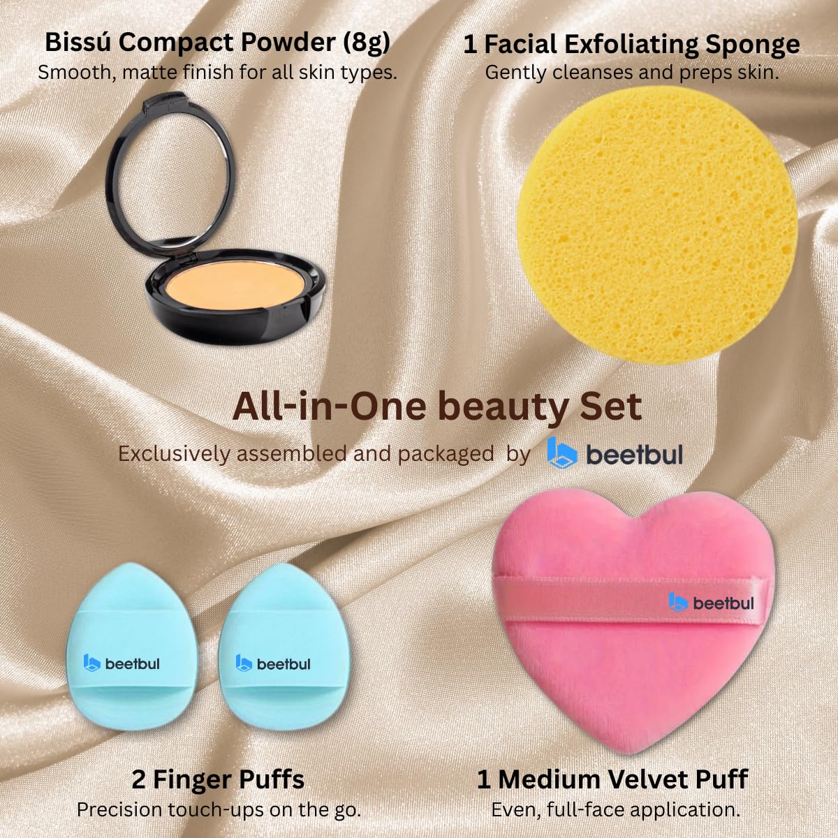 Beetbul Makeup & Exfoliation Kit - Bissú Compact Powder + 1 Medium Velvet Puff + 2 Finger Puffs + 1 Facial Exfoliating Sponge (08 Wheat, One Size)