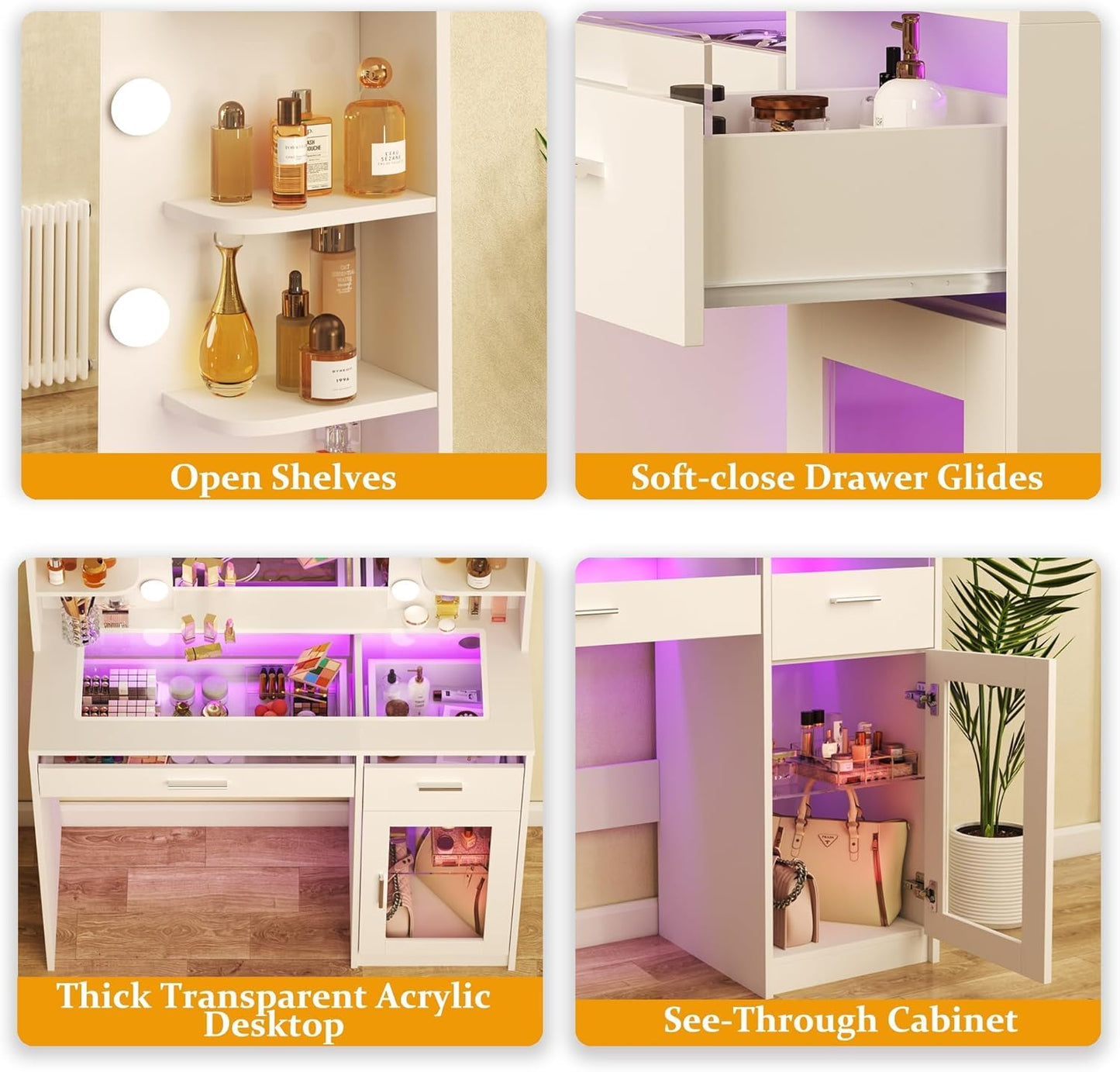 Vanity Desk with Mirror and Lights, Makeup Vanity Desk with Lights 3 Colors, Transparent Top Vanity with 2 RGB Drawers, 6 Shelves, Large Tempered Cabinet, Power Outlet, for Bedroom, White