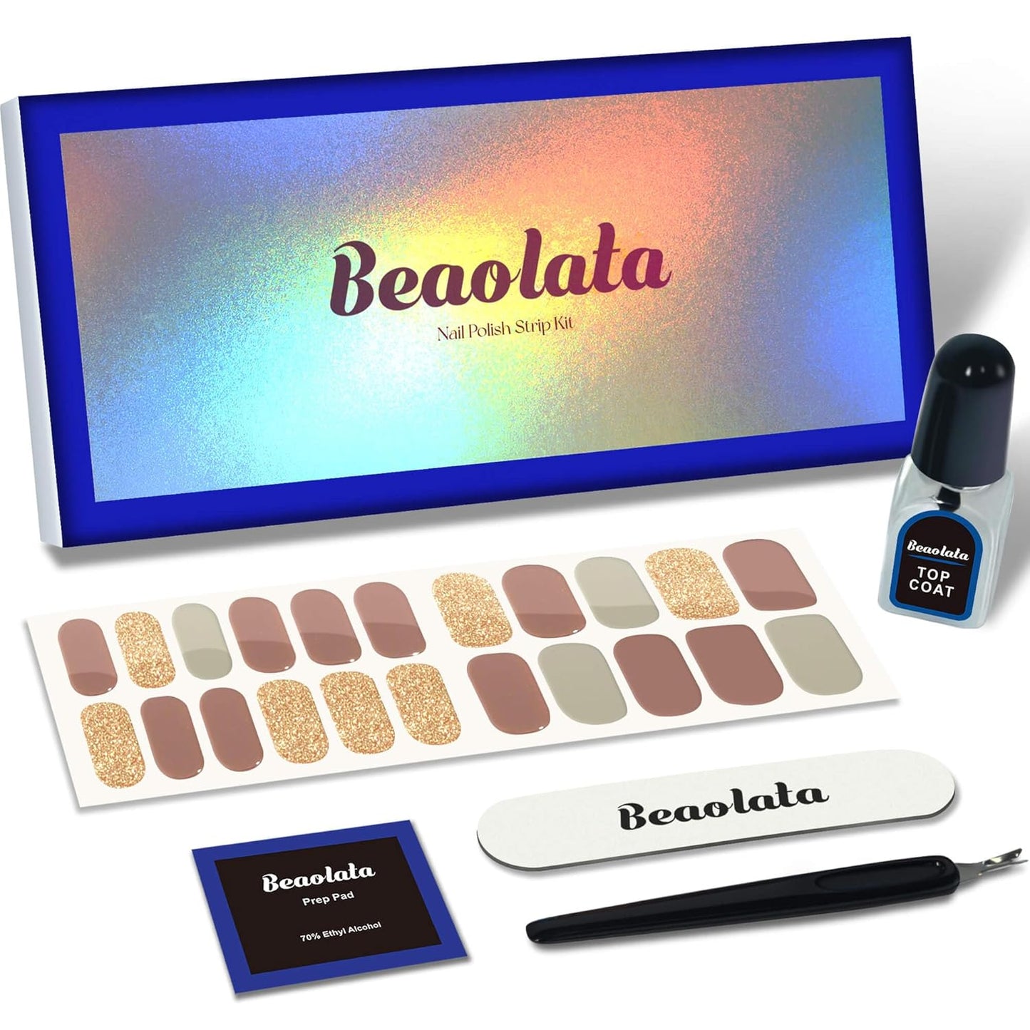 Nail Polish Strips, 44PCS Salon Quality Wraps with Top Coat, Long Lasting Gel Nail Stickers for Women Easy Apply& Remove (Autumn Brwon&Gloden)