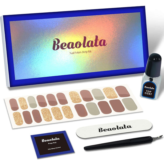 Nail Polish Strips, 44PCS Salon Quality Wraps with Top Coat, Long Lasting Gel Nail Stickers for Women Easy Apply& Remove (Autumn Brwon&Gloden)