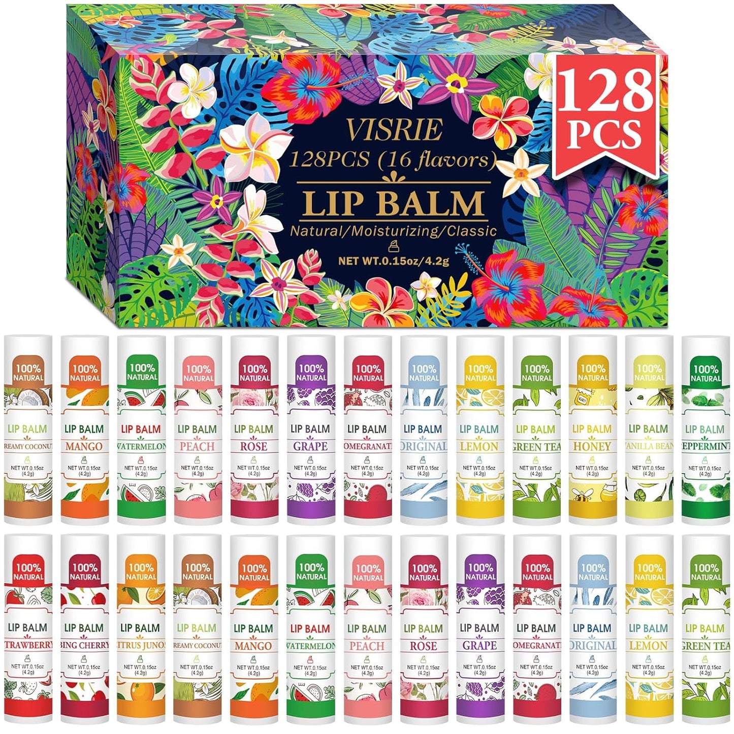 128 Pack Lip Balm, Natural Lip Balm Bulk with Vitamin E and Coconut Oil, Bulk Moisturizing Lip Balms for Dry Lips-16 Flavors