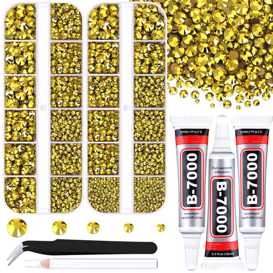 Resin Rhinestones for Crafting with B7000 Jewelry Glue, 2 Boxes Bright Gold Flatback Crystals with 3Pcs 10ml Glue for Bedazzling Crafts DIY Nail Art Makeup, Gems for Clothing Shoes