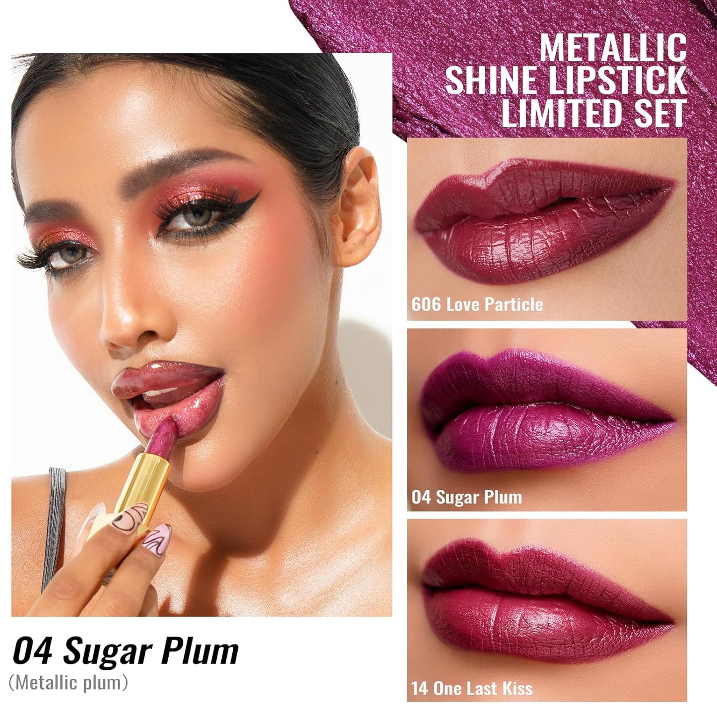 Oulac Metallic Puple Lipstick Set 3PCS, Comfortable Creamy Texture, Smooth No Grainy Feeling, Vegan & Gluten Free, Full-Coverage Lip Makeup, 3 X 4.3 g, 606+04+14