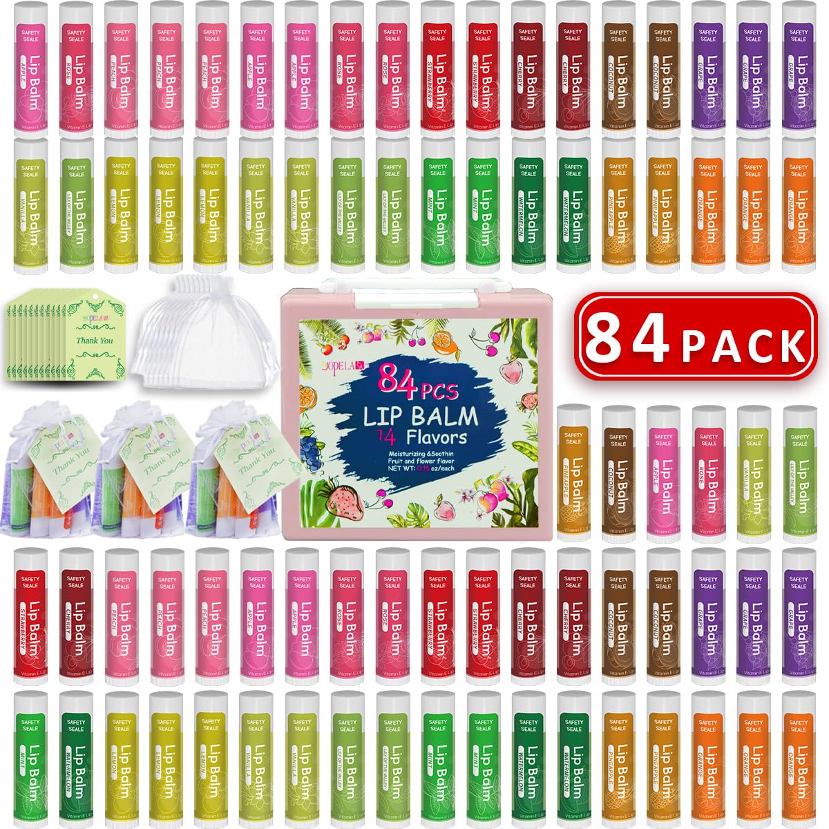 84 Pack Natural Lip Balm Bulk with Vitamin E and Coconut Oil Valentine's Day best choice - Moisturizing, Soothing, and Repairing Dry and Chapped Lips - 14 Flavors - Non-GMO