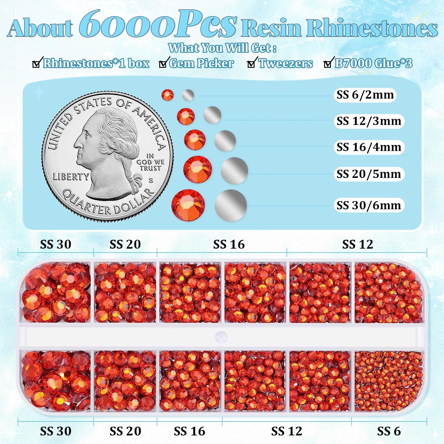 6000Pcs Resin Rhinestones for Bedazzling with 3Pcs B7000 Jewelry Glue, 1 Box Red Zircon Flatback Rhinestones for Crafting Crafts DIY, Crystals Gems for Clothing Shoes Tumblers Nail Art Makeup