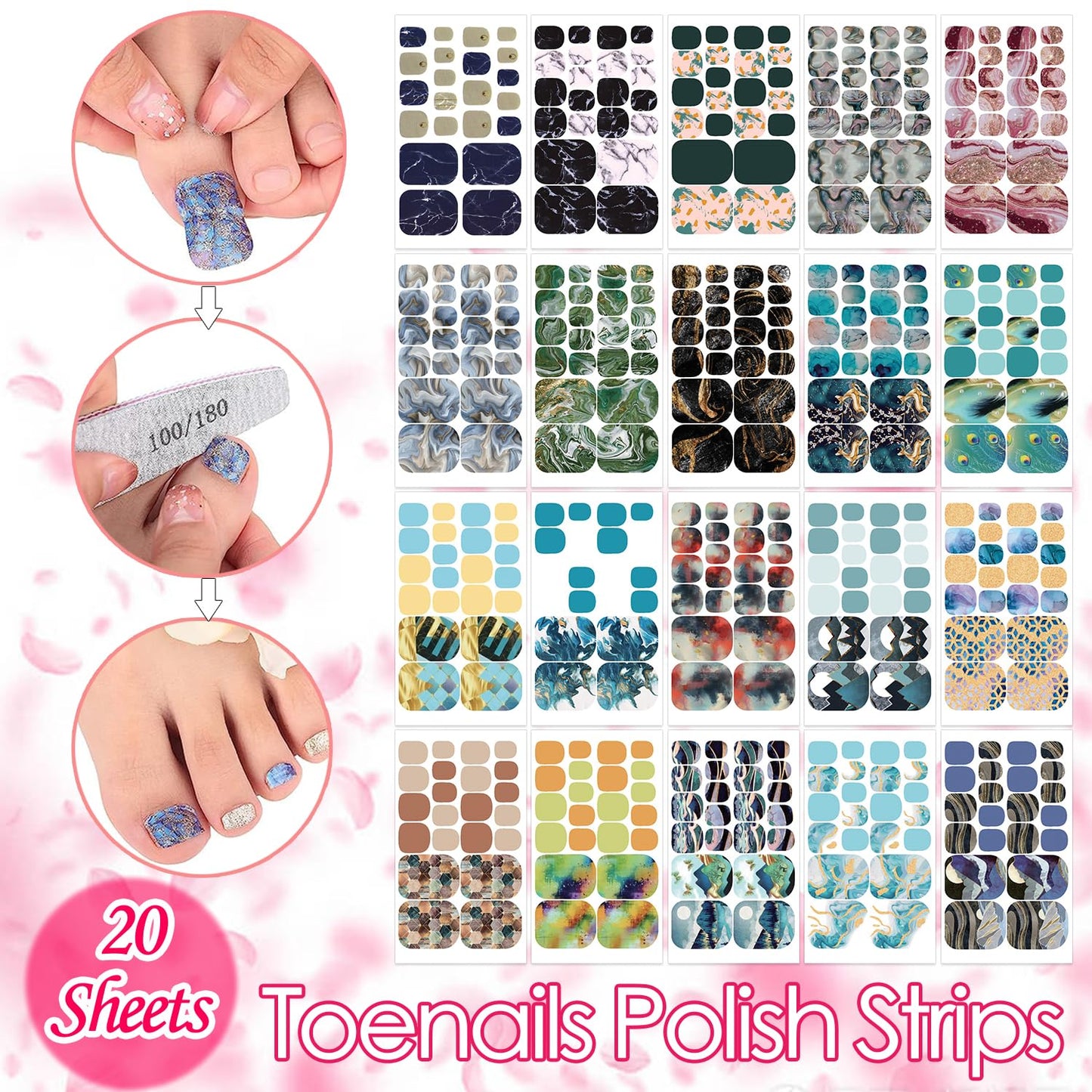 SILPECWEE 20 Sheets Toe Nail Stickers Full Nail Wraps for Toes Marble Toenail Polish Strips Gel Nail Strips Self Adhesive Toenails Polish Stickers Nail Art with 1pc Nail File
