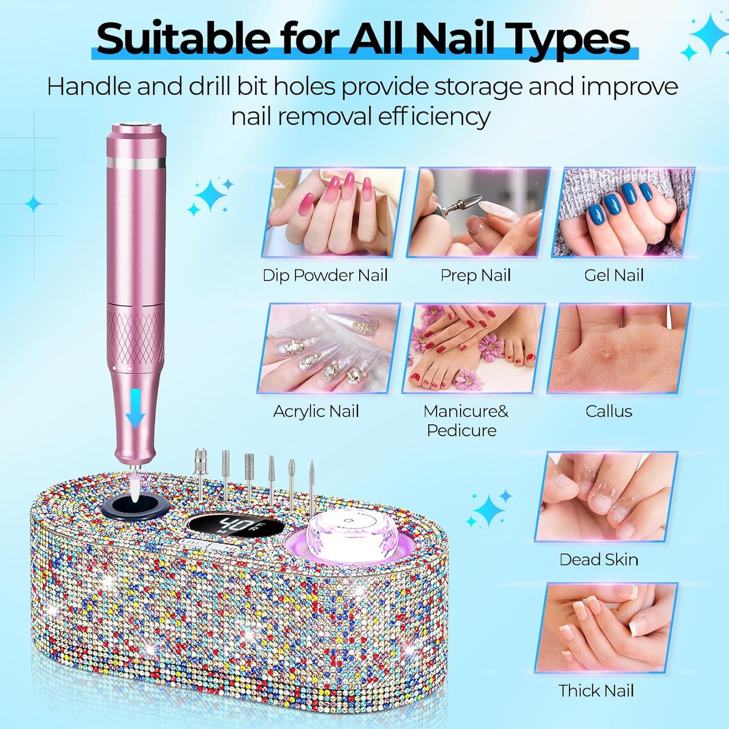 Electric Nail Drill Professional: Shiny 40000RPM Electric Nail File Kit E File Nail Drill Machine with LCD Display for Acrylic Gel, Manicure Pedicure Polishing Grinder for Salon Home, Diamond