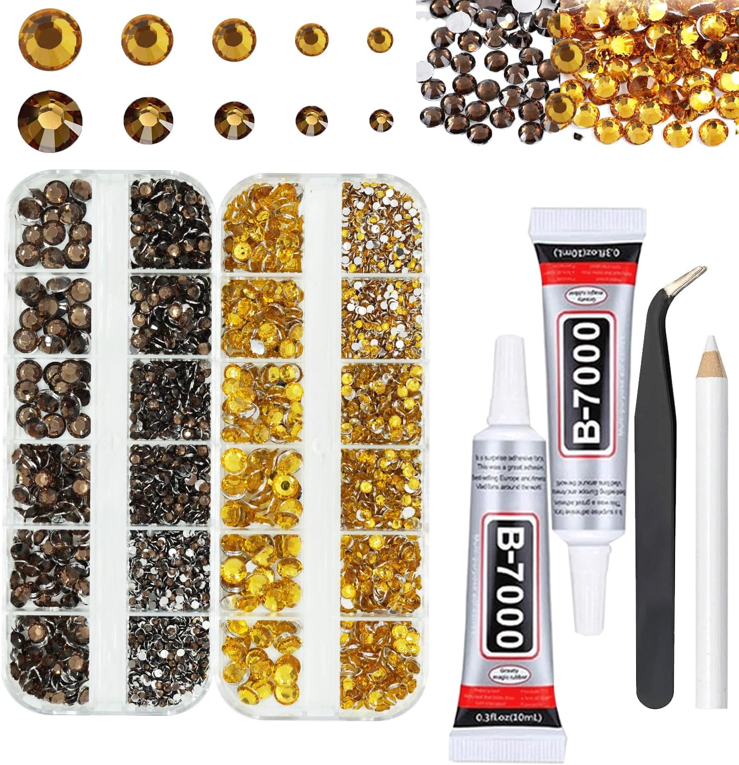 Gold and Brown Rhinestones with Glue(S8-S30) for Bedazzling, 2mm-6mm Non-Hotfix Flatback Nail Gems Beads with B7000, Resin Nail GemsStones Diamond Kit for Bedazzle Crafting, Nails DIY Art Decoration
