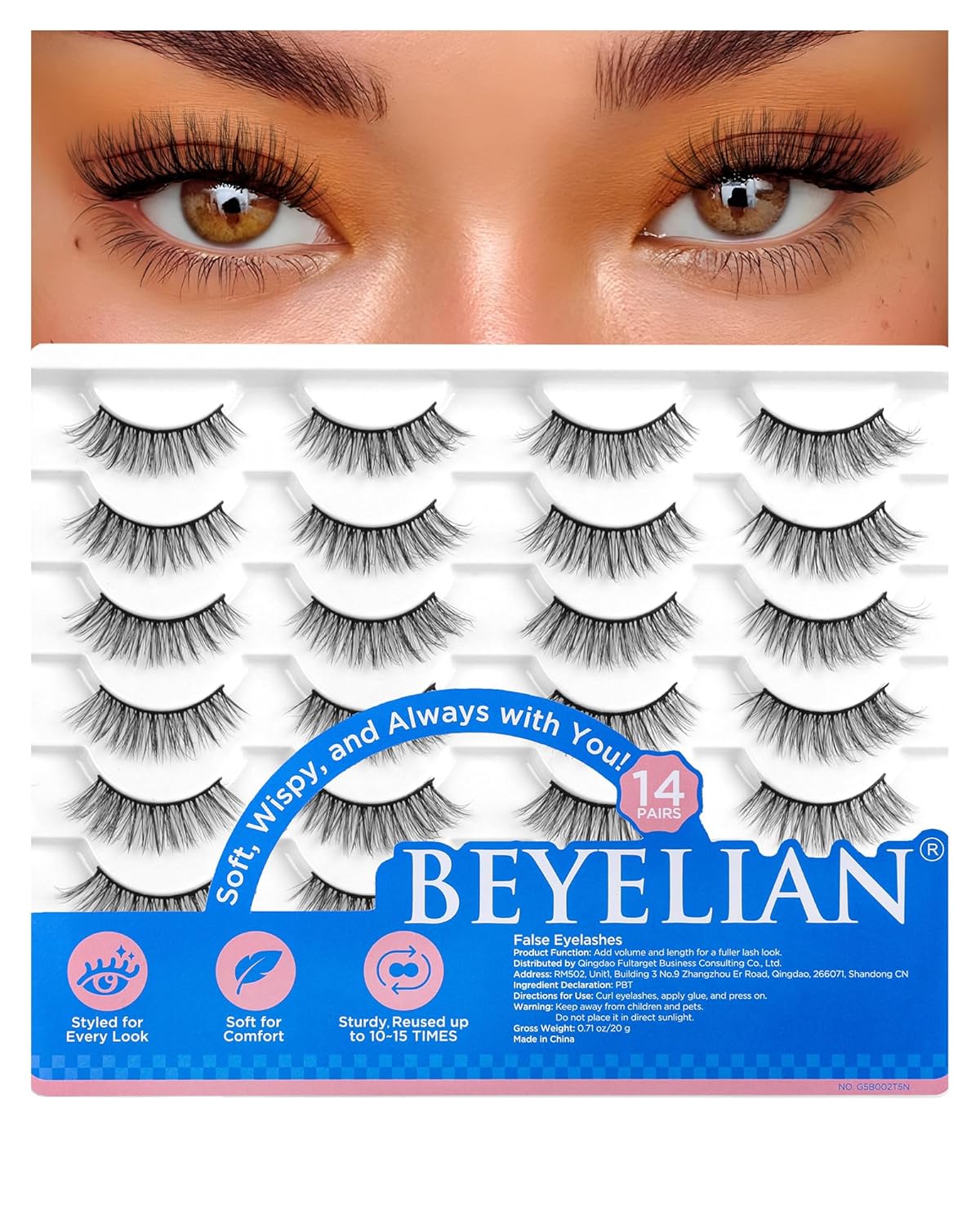 BEYELIAN False Eyelashes 14 Pairs Eye Lashes 8-14mm Strip Lash Pack Soft 3D Volume Faux Mink Lashes That Look Like Extensions C219