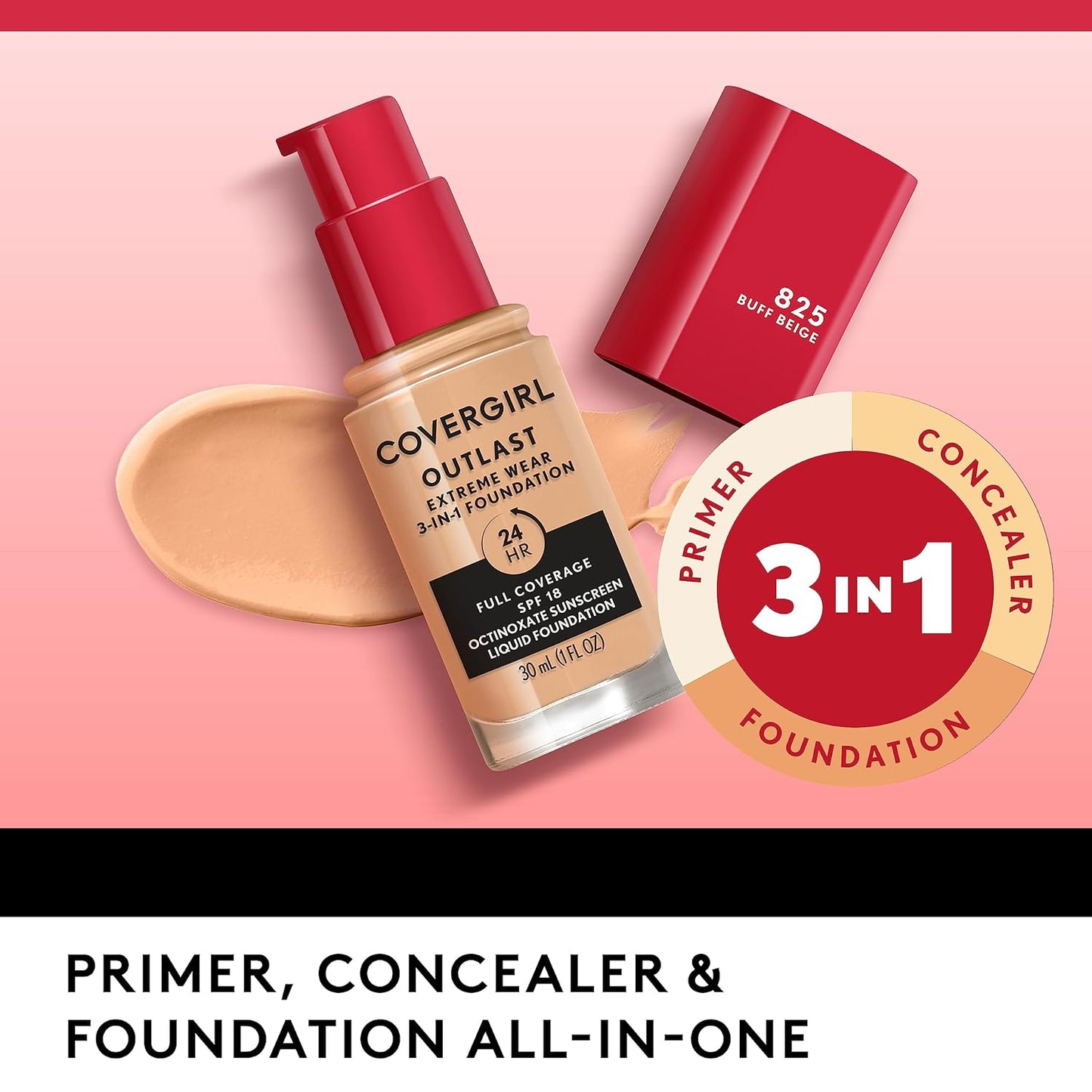 Covergirl Outlast Extreme Wear 3-in-1 Full Coverage Liquid Foundation, SPF 18 Sunscreen, Soft Honey, 1 Fl. Oz.