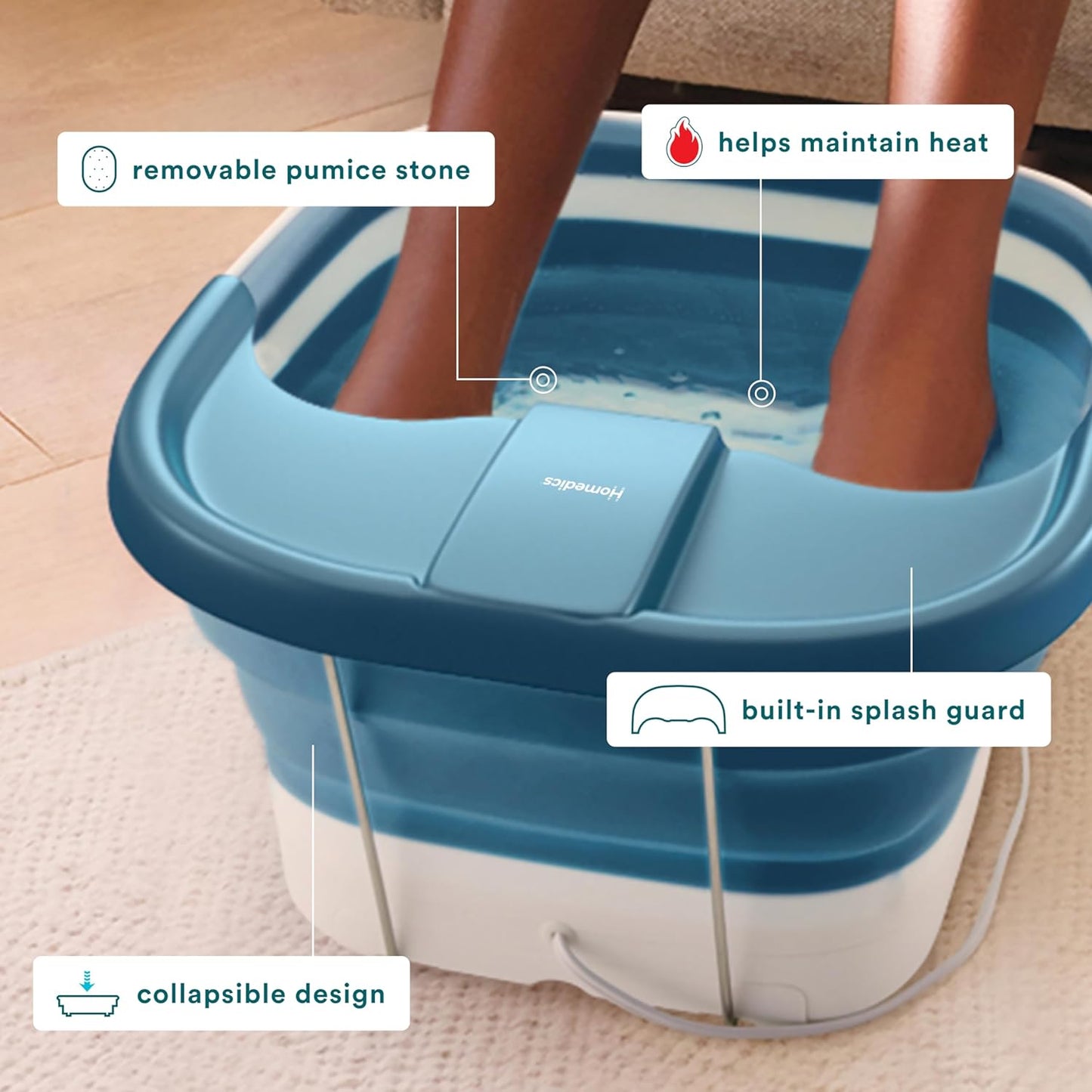 Homedics Smart Space Bubble Mate Collapsible Foot Spa, Heat-Maintaining, Bubble Massage with Pumice Stone and Splash Guard