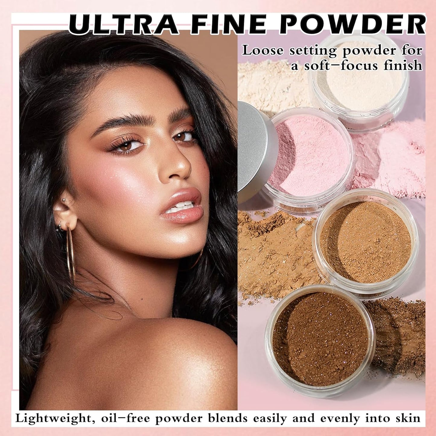 Pink Setting Powder Loose Powder Shimmer Finishing Powder Ultimate Blurring Setting Powder Long Lasting Oil Control Loose Face Powder for All Skin Tones-02 Pink