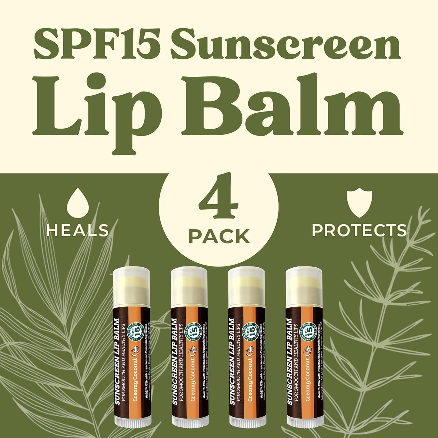 Earth's Daughter SPF Coconut Lip Balm 4-Pack - Lip Sunscreen, SPF 15, Organic Ingredients, Beeswax, Coconut Oil, Vitamin E - Hypoallergenic, Paraben Free, Gluten Free, New