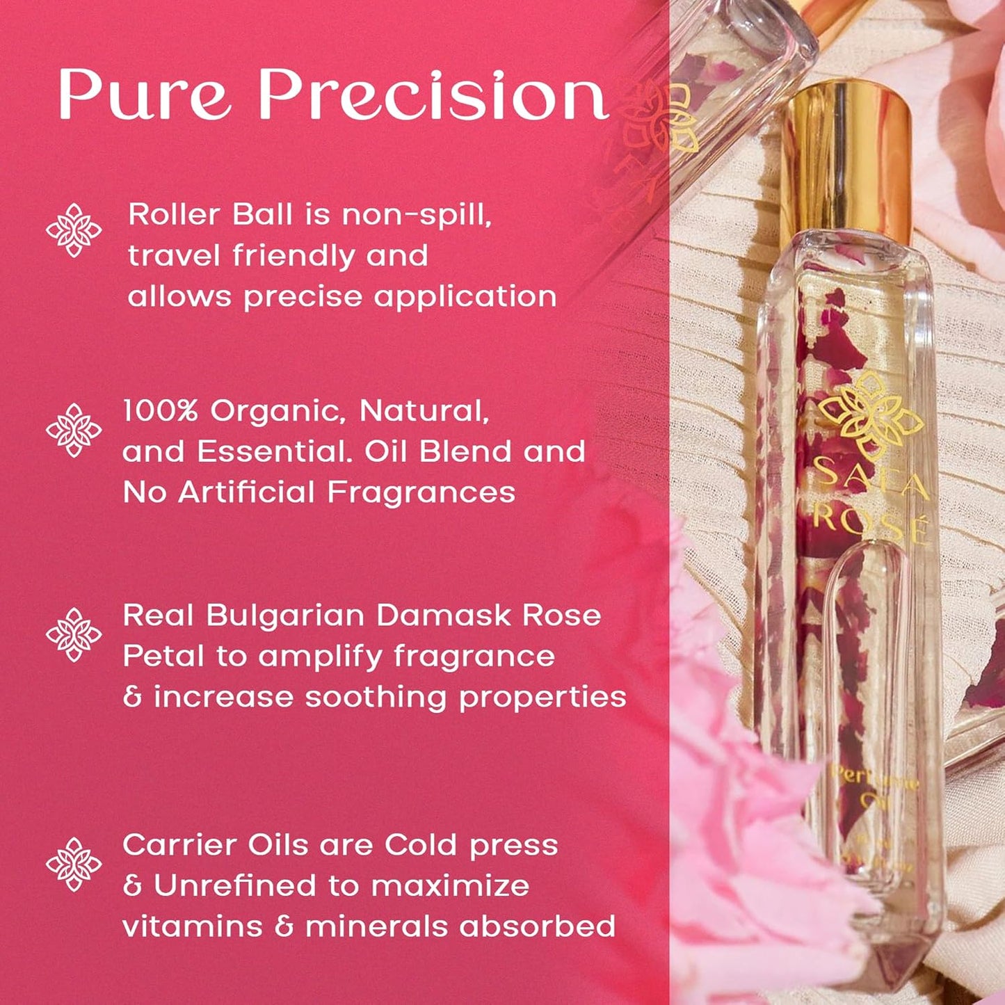SAFA Rosé Organic Rose Oil Perfume Roller | Bulgarian Damask & Indian Rose Petals | 10 mL Long Lasting Perfume Oil for Women & Men | Non-Toxic, Alcohol-Free & Travel Friendly