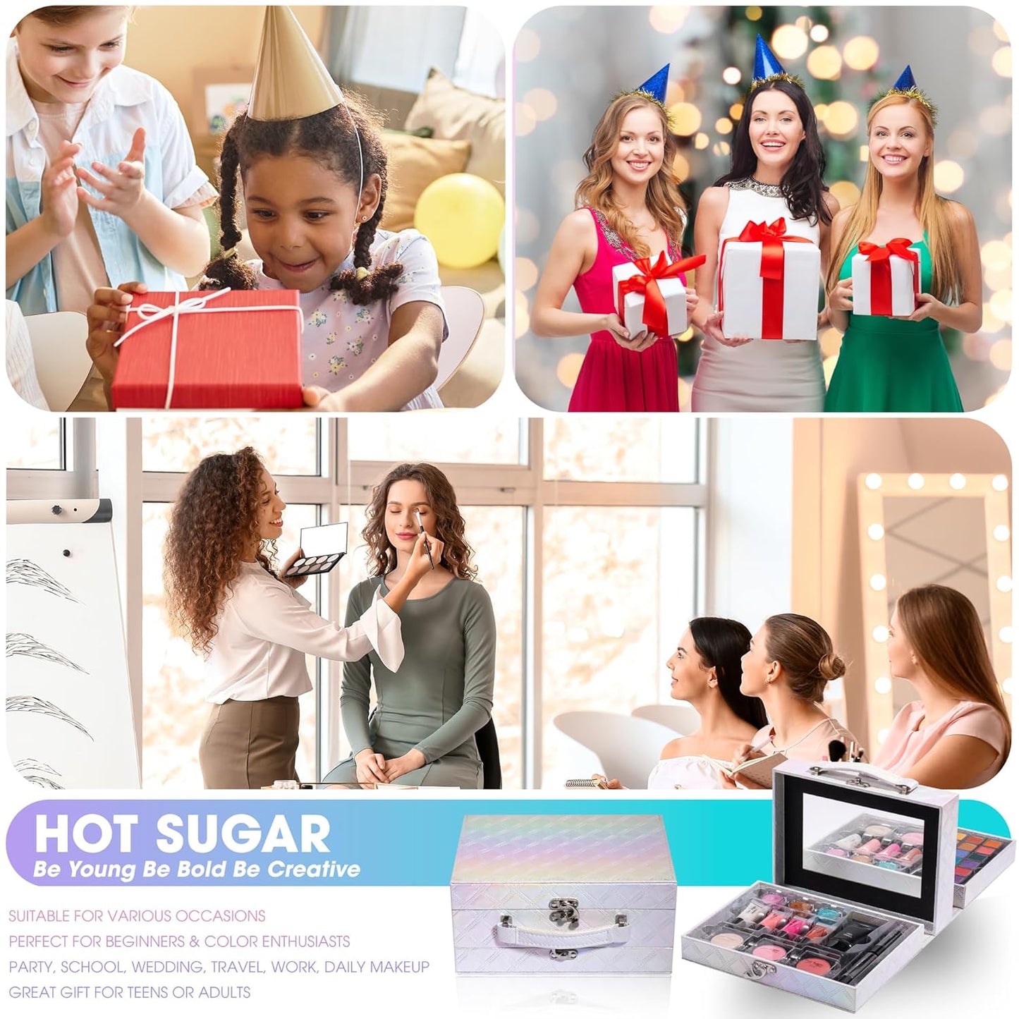 Hot Sugar Makeup Kit for Preteen Girls 10-12, Birthday Christmas Makeup Gift Set for Teens 16-18, All in One Beginner Makeup Kit for Women Full Kit (White Diamond)