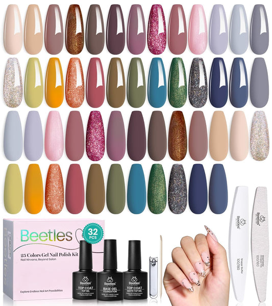 Beetles Fall Gel Nail Polish Set – Catwalk Tonal Hues 25 Colors Gel Polish, Nude Brown Yellow Purple Green Glitter with Base Glossy Mattle Top Coat Soak Off UV LED Winter Manicure Gift for Women