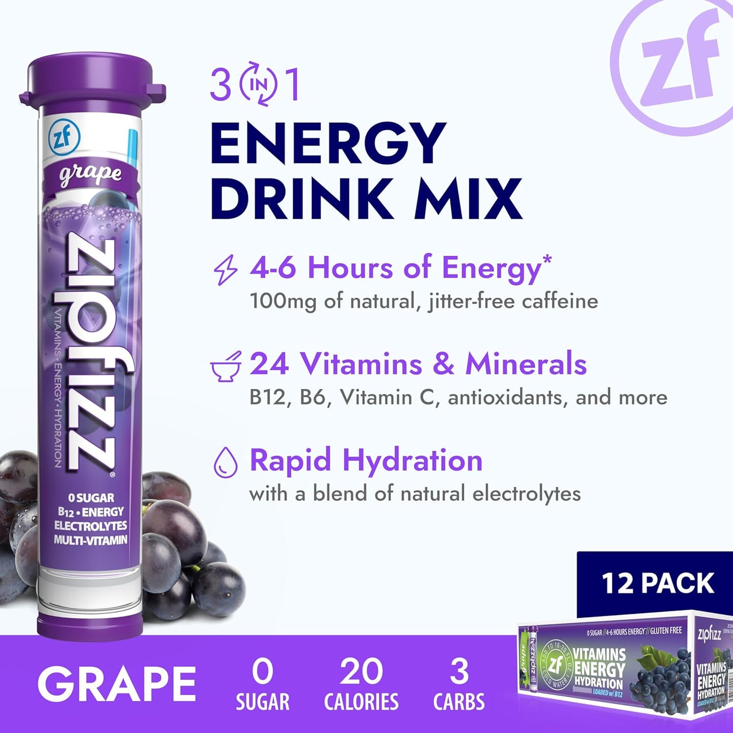 Zipfizz Daily Energy Drink Powder, Grape, 12 Pack | 3-in-1 Sustained Energy, Rapid Hydration, and Essential Vitamins | Sugar-Free | Electrolyte Powder | Contains Vitamin B-12 & Antioxidants